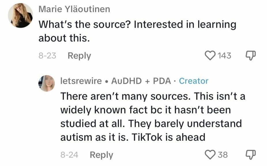 Screenshot of TikTok creator @letsrewire commenting on source claims.
