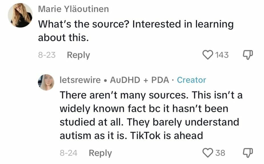 Screenshot of TikTok creator @letsrewire commenting on source claims.