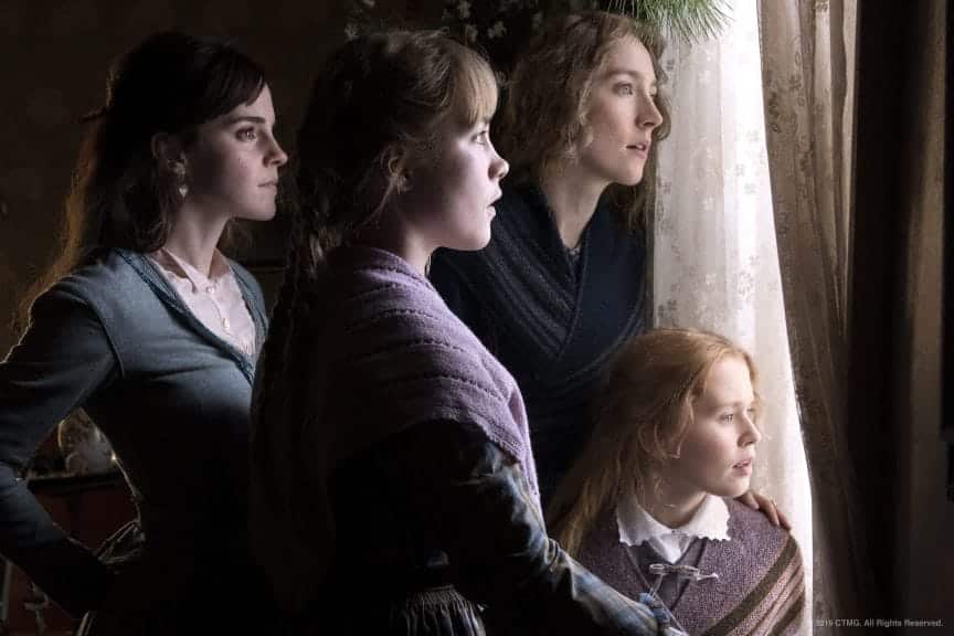 Image of Emma Watson as Meg, Florence Pugh as Amy, Saoirse Ronan as Jo, and Eliza Scanlen as Beth. 