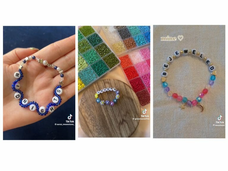 Image of three bracelets for the Eras tour. The first says 'Midnight' with blue beads, the second says "Lover", and the third "Bejeweled" with colorful beads.