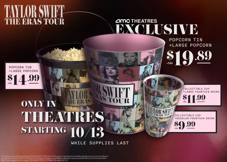 An image of AMC's Eras Tour merchandise, including popcorn buckets and a cup.  
