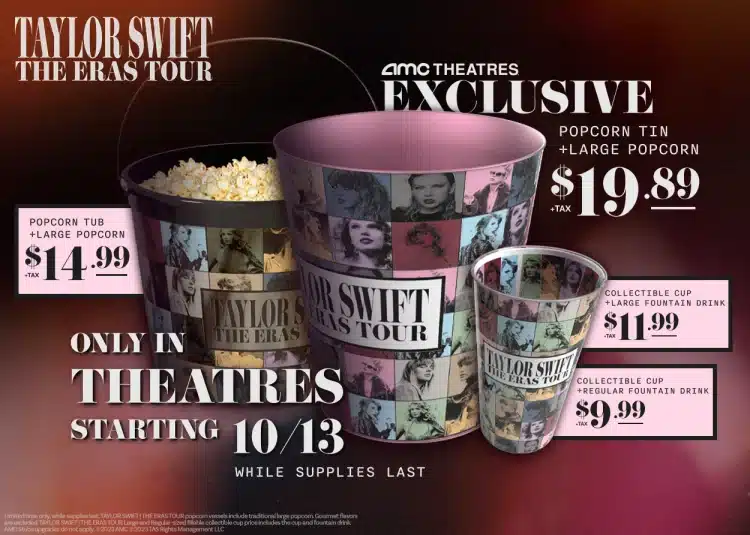 An image of AMC's Eras Tour merchandise, including popcorn buckets and a cup. 