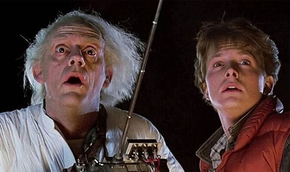 Dr Emmett Brown and Marty McFly looking out from the movie 'Back to the Future'