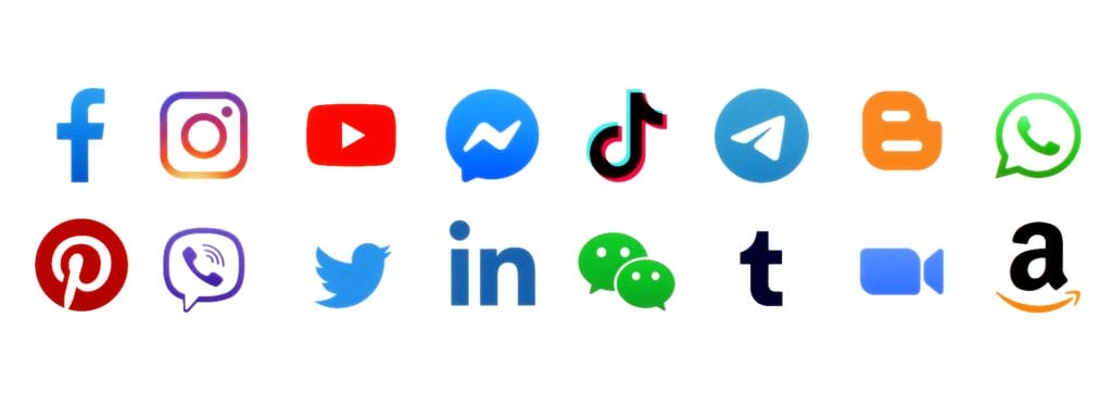 An image displaying various/popular social media platforms, messaging/communication platforms, and websites.