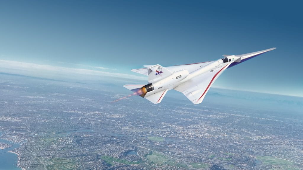 The "X-59", a plane painted with red, blue, and white stripes, flies through the sky.