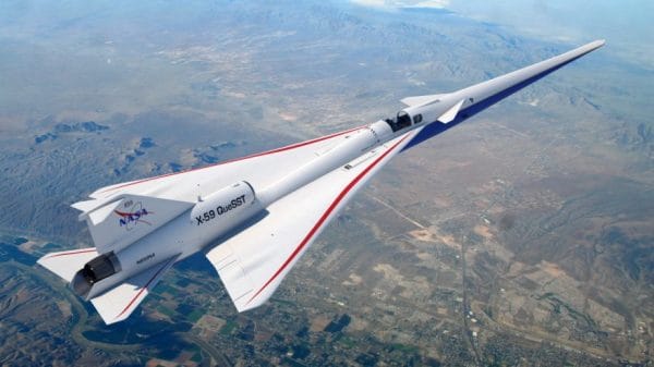 The "X-59", a plane painted with red, blue, and white stripes, flies through the sky.