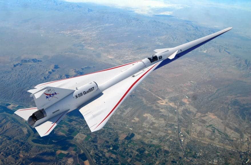 The "X-59", a plane painted with red, blue, and white stripes, flies through the sky.