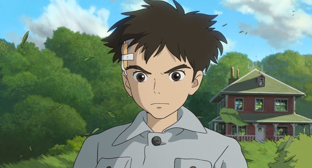 Image of a young boy from Studio Ghibli's The Boy and the Heron. Mahito is alone in the frame and with a band on the side of his head.