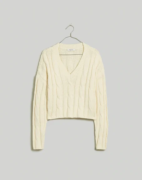 Wardrobe Essentials - White Button Up - Madewell - Cable Knit V-Neck Crop Sweater
