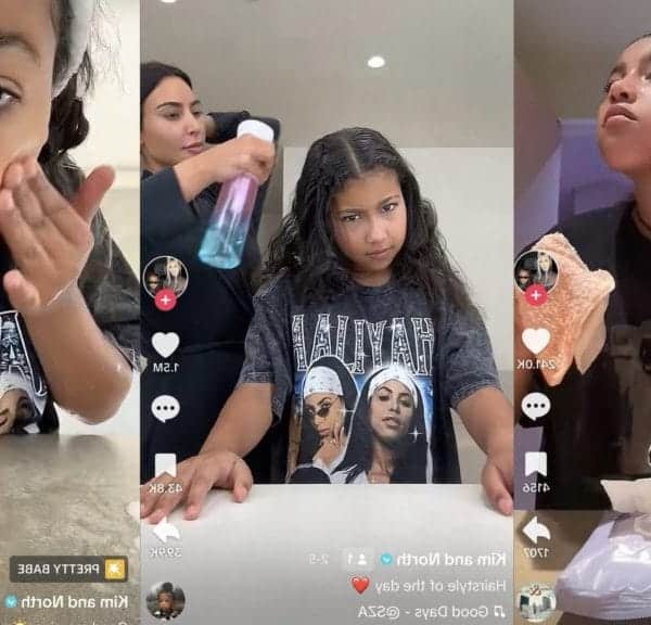 A series of pictures of 10 year old North West doing skin and hair care.