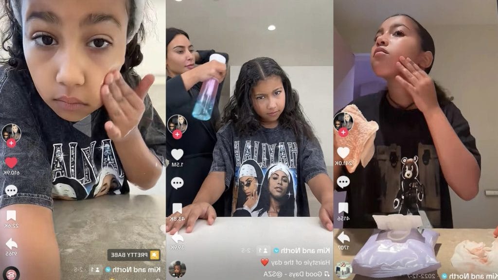 A series of pictures of 10 year old North West doing skin and hair care.