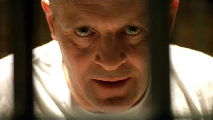 A scene from 'The Silence of the Lambs' in which Hannibal Lecter stares directly down the camera from inside his jail cell. 