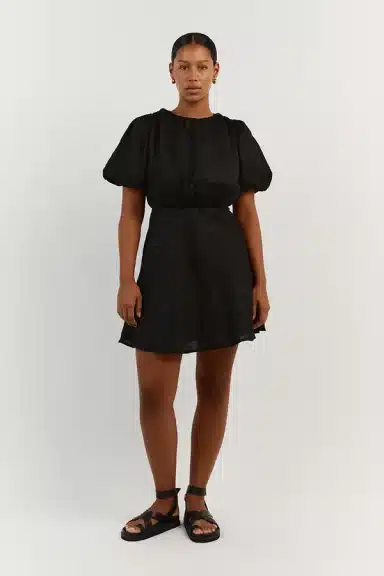 Short Black Puffy-Sleeved Dress as an outfit choice