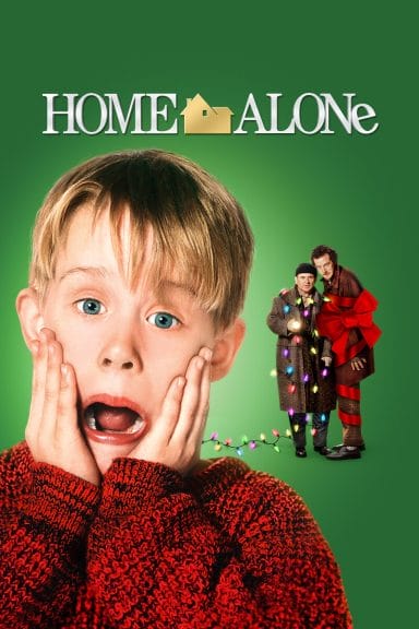 Official poster for Home Alone, featuring main character Kevin McCallister and the two robbers in the background.