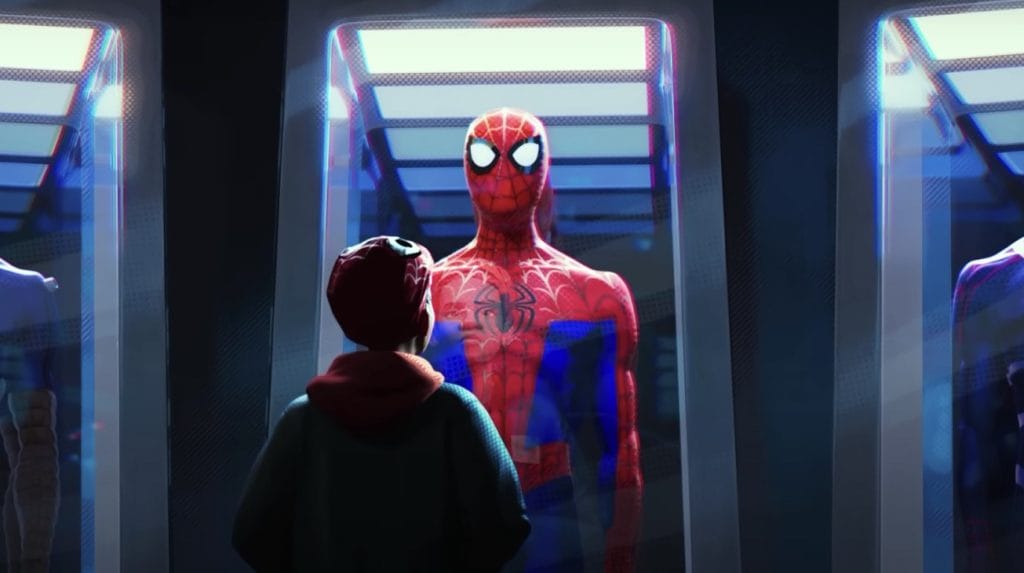 Miles stands in front of a Spider-Man suit, his reflection on the glass showing concern. 