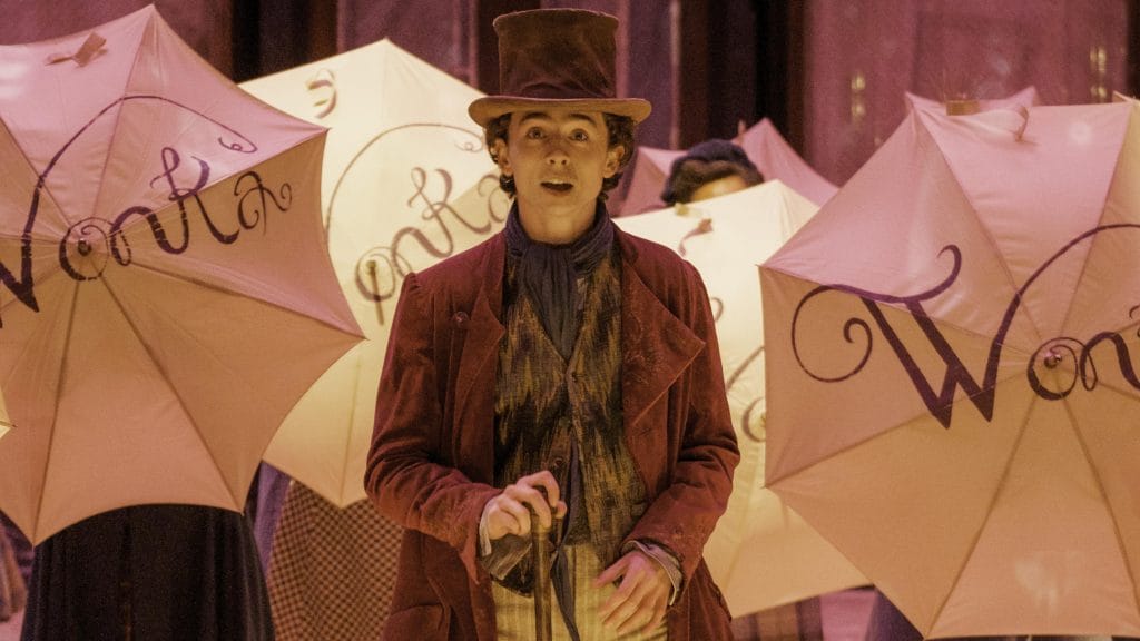 Image of Timothée Chalamet as Willy Wonka with umbrellas that have "Wonka" written on them behind and around him. 