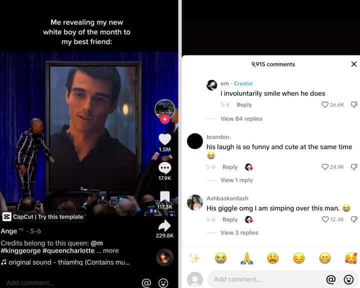 A viral Tiktok post of Corey Mylchreest with a comment section filled with women admiring him.