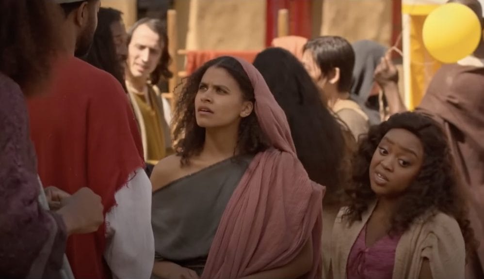 Zazie Beetz and Quinta Brunson dressed in biblical garb for a scene in History of the World, Part II