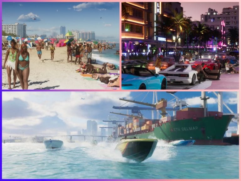 Screenshots of GTA's beach scene and night life in Vice City, people drifting across the water with speedboats