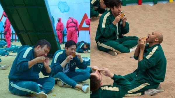 Squid Game players (left) and reality contestants (right) lick their 'dalgona' treat to melt them | PETE DADDS/NETFLIX