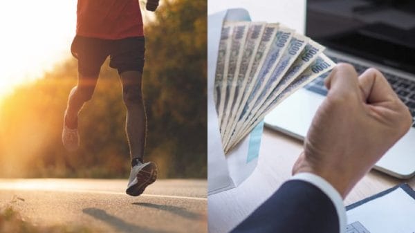 Collage. Left hand side: runner, right hand side: man receiving a cash bonus