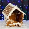 Crumbling gingerbread house in front of a backdrop of Christmas lights.