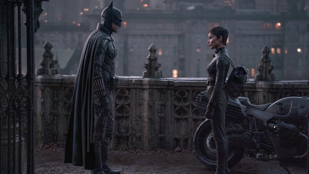 Robert Pattinson and Zoe Kravitz as Batman and Catwoman.