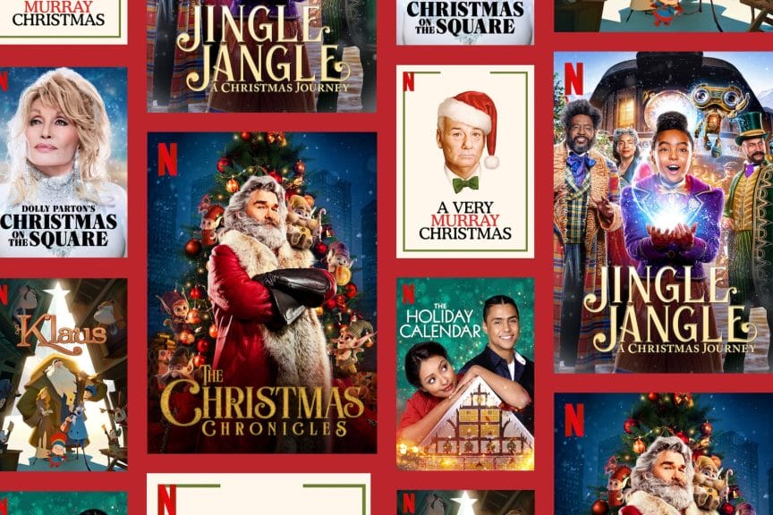 An image display of a list of Christmas movies that can be watched on Netflix
