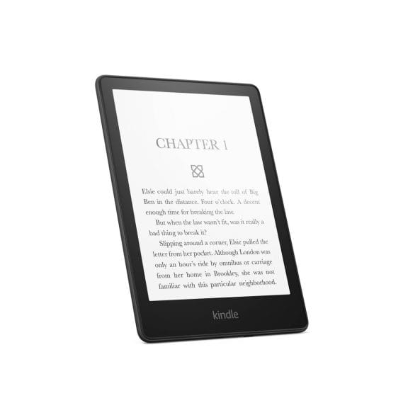 A kindle Paperwhite reading device against a white background.