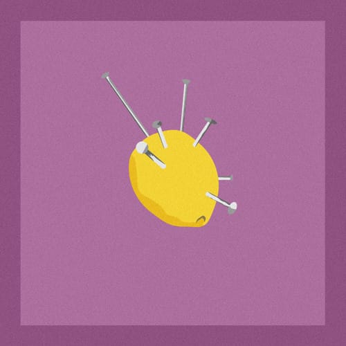 Single cover for Lemons - a purple background with a lemon on it, with pins sticking out 
