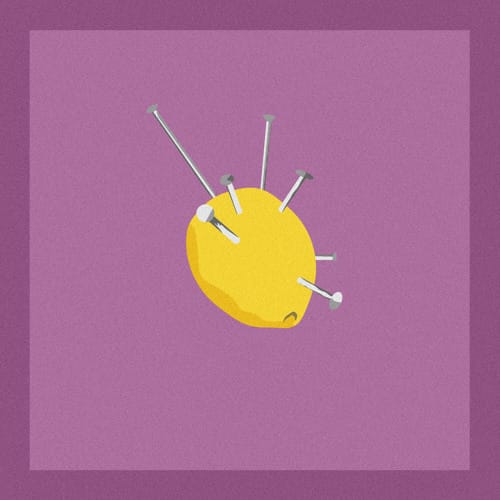 Single cover for Lemons - a purple background with a lemon on it, with pins sticking out