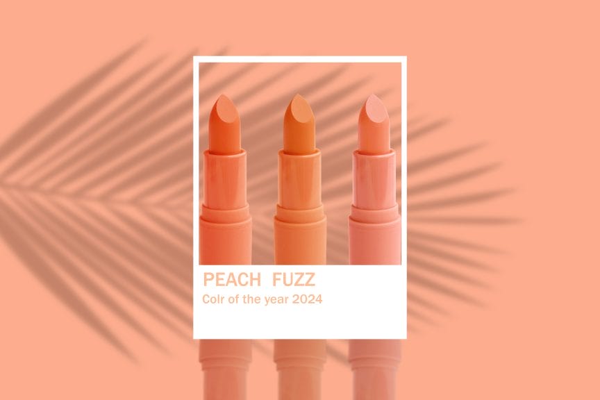 A set of matte lipsticks in the Pantone Color of the Year 2024, Peach Fuzz.