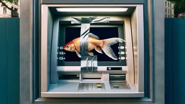 Fish taped to the screen of an ATM machine using duck tape.