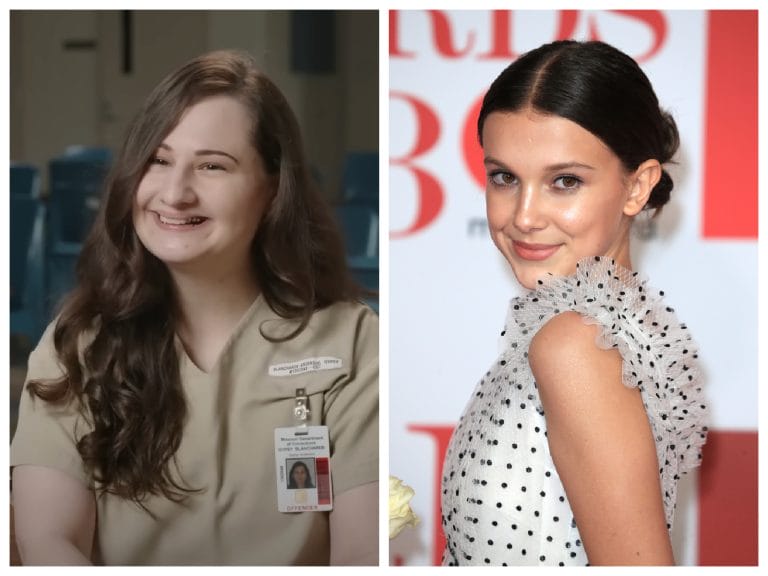 A photo of Gypsy Rose Blanchard on one side and Millie Bobby Brown on the other side. n