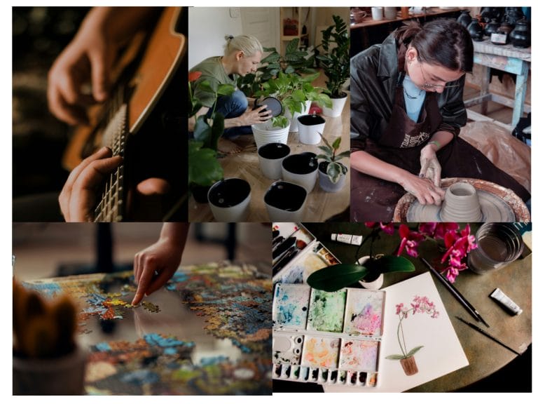 Collage of hobbies including guitar, painting, pottery, puzzles, and planting.