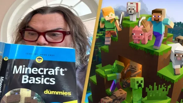 Actor Jack Black reading a book titled 'Minecraft Basics for Dummies' in preparation for his role in the upcoming movie.