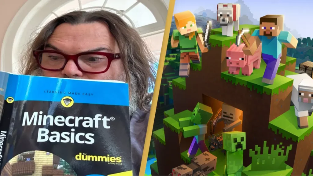 Actor Jack Black reading a book titled 'Minecraft Basics for Dummies' in preparation for his role in the upcoming movie.