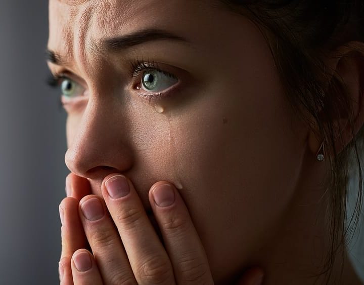 Woman with her hands covering her face with a tear rolling down.