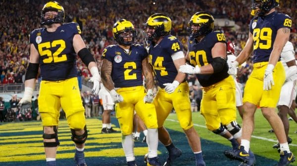 Michigan Wolverines celebrating after a touchdown
