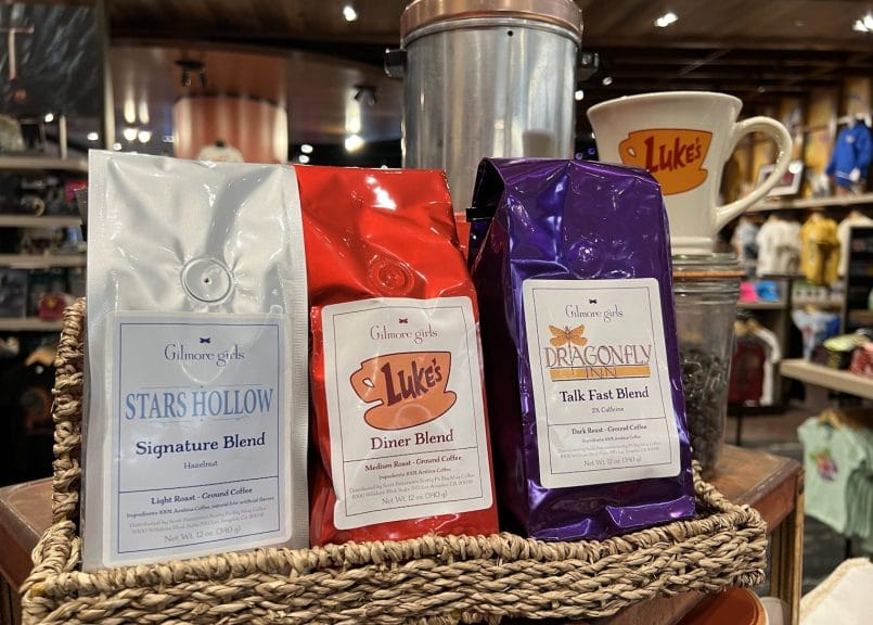 Three labeled coffee bags promoting Gilmore Girls the show. Official Photo of Warner Bros. Studios.