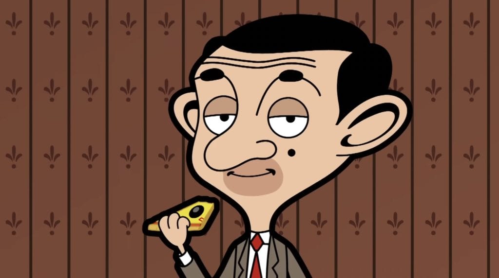 Screenshot of Mr. Bean from of the animated series eating a pizza.