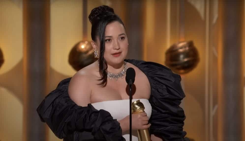 Lily Gladstone accepting a Golden Globe.