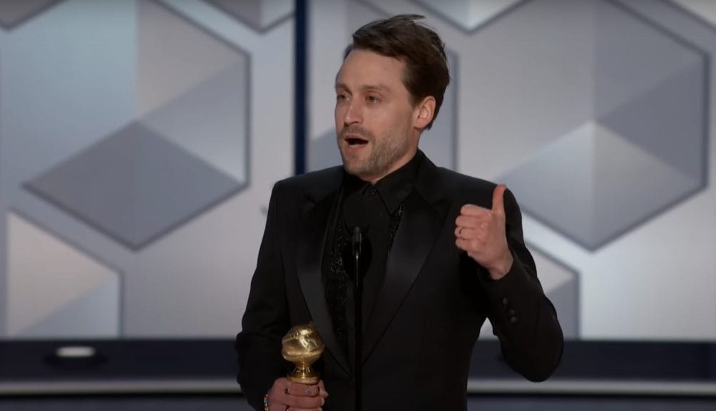 Kieran Culkin accepting a Golden Globe.