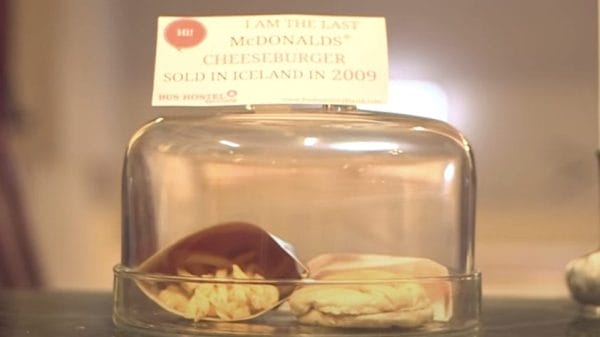 Iceland's last sold McDonald's burger in its display case.