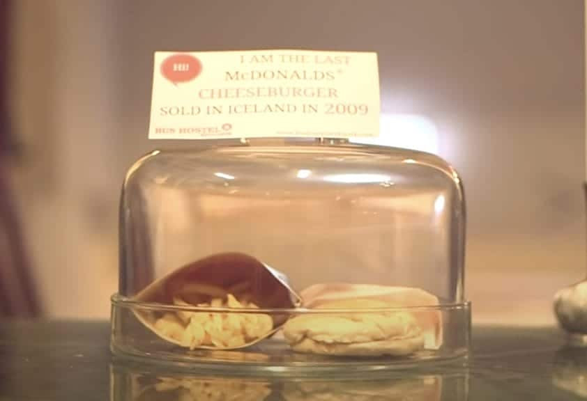 Iceland's last sold McDonald's burger in its display case.