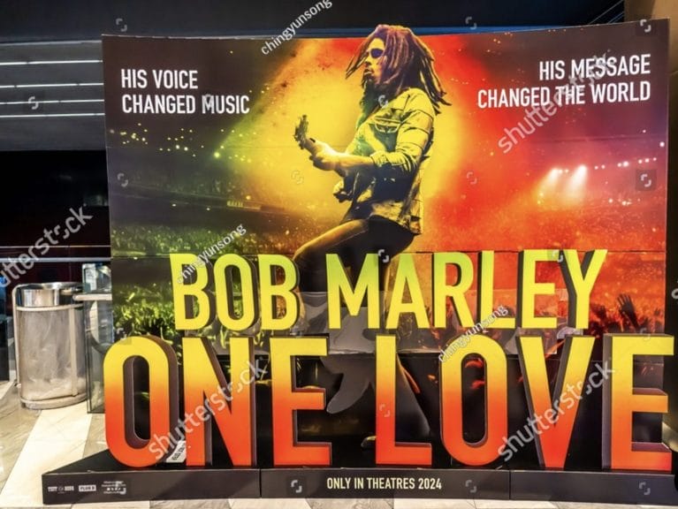 A Bob Marley: One Love poster is displayed to promote the movie.