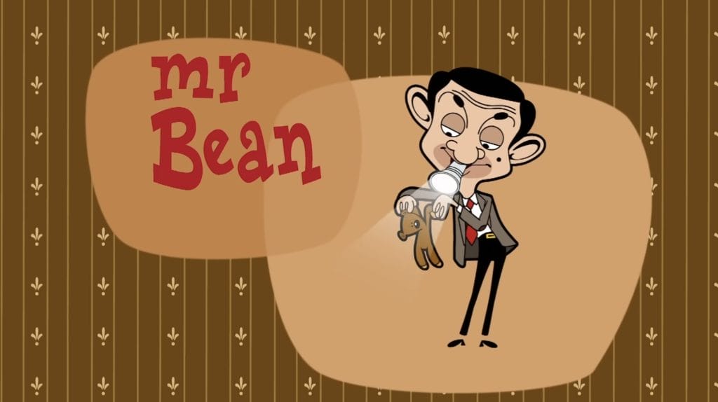 Screenshot of the beginning of 'Mr. Bean' from the animated series holding a flashlight in his mouth and his teddy bear.