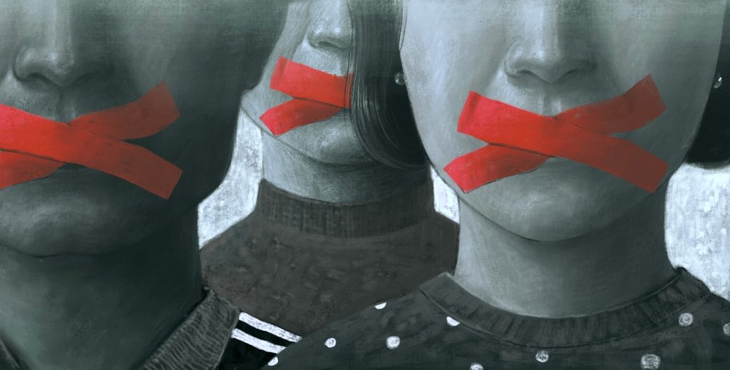 Three faces with red tape