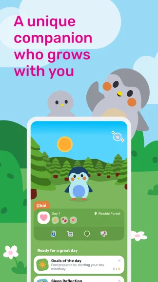 Digital art of a green forest with a blue sky. A large cartoon bird waves to a baby one. The words, "A unique companion who grows with you" are in the top left corner in pink.