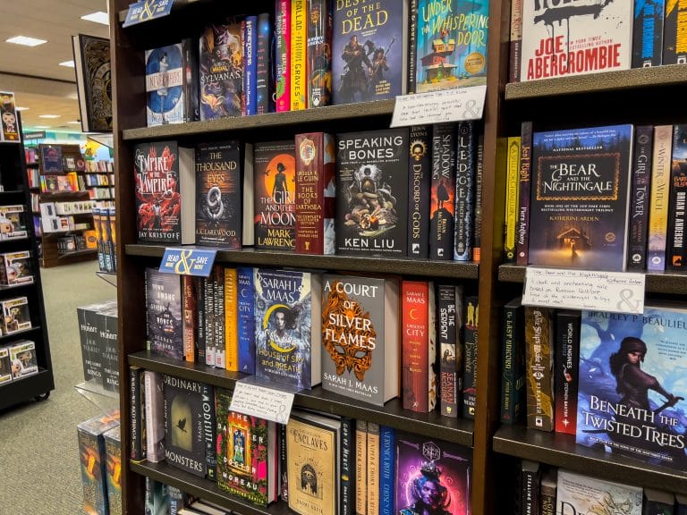 Labelled fantasy shelf at Barnes & Noble.